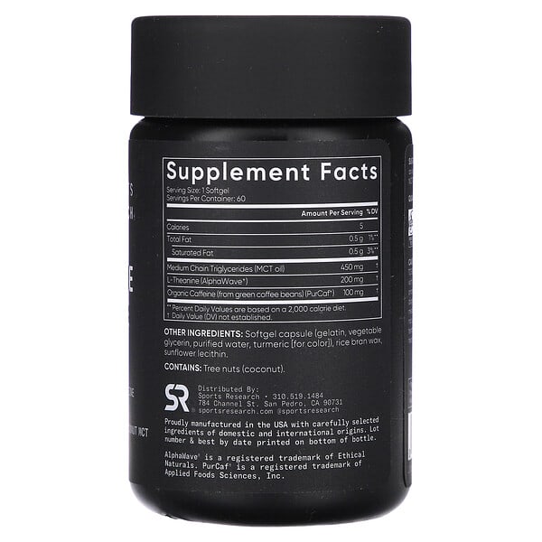 Alternative view of Sports Research, L-Theanine & Caffeine, 2-in-1 Formula, 60 Softgels
