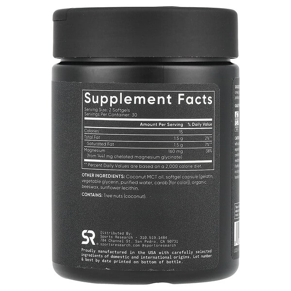 Alternative view of Sports Research, Magnesium Glycinate, 60 Softgels (80 mg per Softgel)