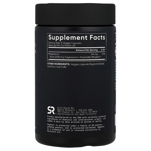 Alternative view of Sports Research, Magtein®, Magnesium L-Threonate, 180 Veggie Capsules (666 mg per Capsule)