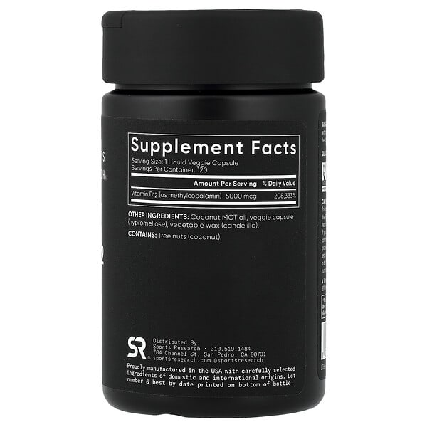 Alternative view of Sports Research, Methyl Vitamin B12, 5,000 mcg, 120 Liquid Veggie Capsules