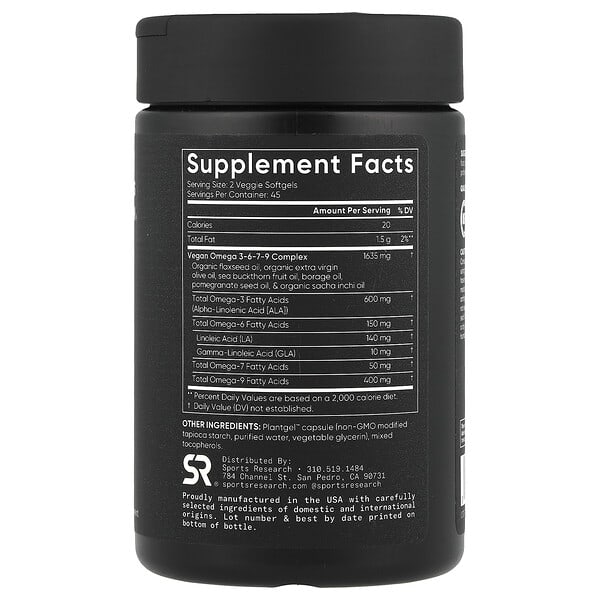 Alternative view of Sports Research, Omega 3-6-7-9, Plant Based , 90 Veggie Softgels