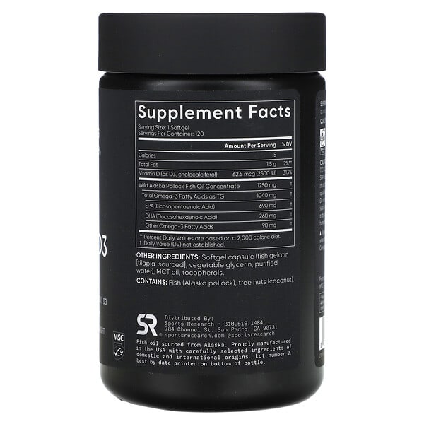 Alternative view of Sports Research, Omega-3 Fish Oil + D3, Triple Strength , 1,040 mg & 62.5 mcg (2,500 IU), 120 Softgels