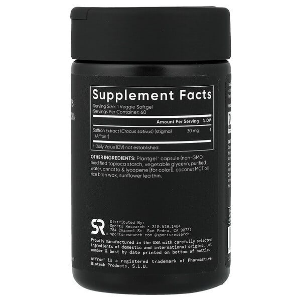 Alternative view of Sports Research, Saffron, 30 mg, 60 Veggie Softgels