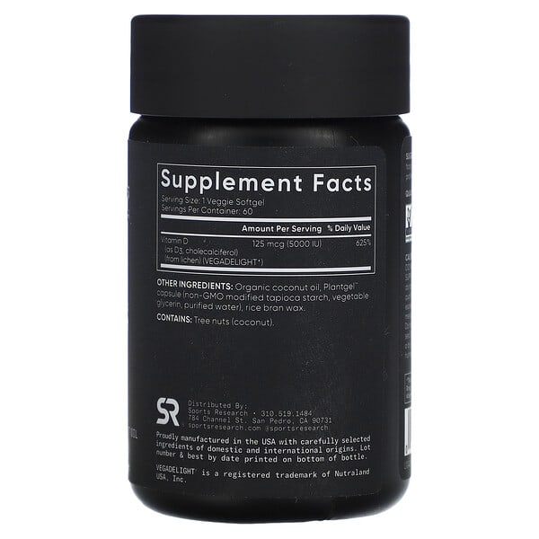 Alternative view of Sports Research, Vegan Vitamin D3, 125 mcg (5,000 IU), 60 Veggie Softgels