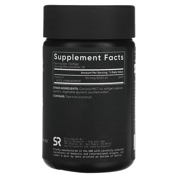 Alternative view of Sports Research, Vitamin D3, 125 mcg (5,000 IU), 30 Softgels
