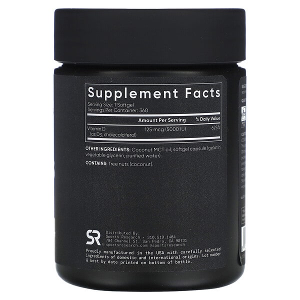 Alternative view of Sports Research, Vitamin D3, 125 mcg (5,000 IU), 360 Softgels
