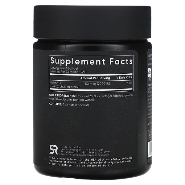 Alternative view of Sports Research, Vitamin D3, 50 mcg (2,000 IU), 360 Softgels