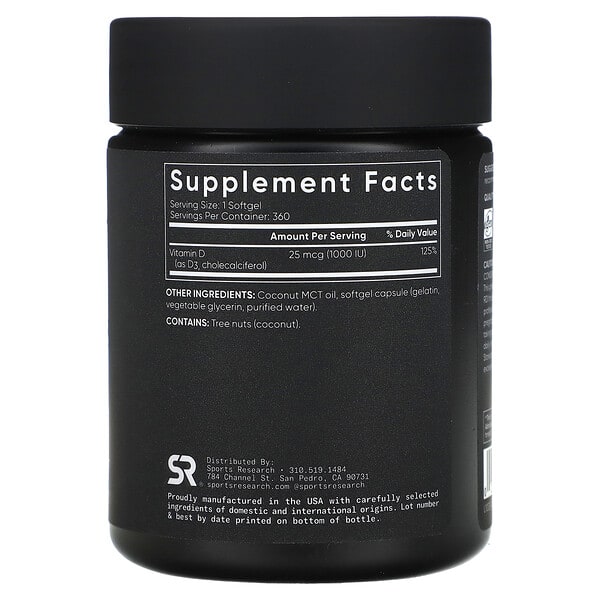 Alternative view of Sports Research, Vitamin D3, High Potency, 25 mcg (1,000 IU), 360 Softgels