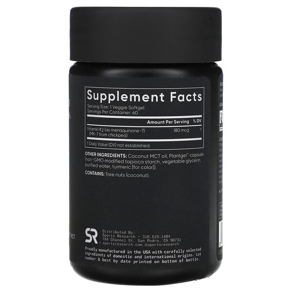 Alternative view of Sports Research, Vitamin K2, 180 mcg, 60 Veggie Softgels