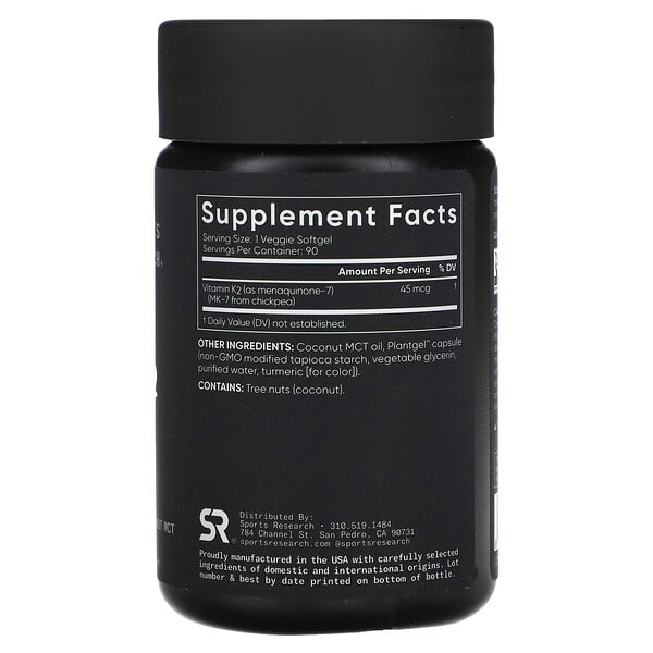 Alternative view of Sports Research, Vitamin K2, Low Dose, 45 mcg, 90 Veggie Softgels