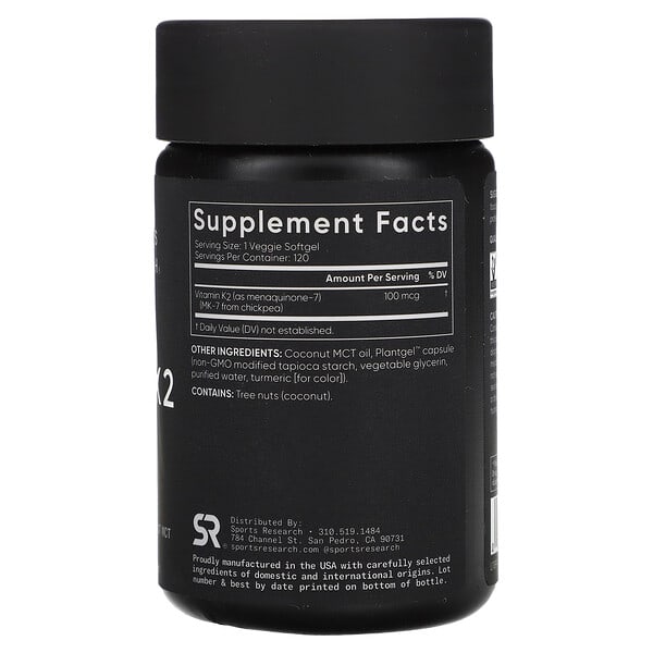 Alternative view of Sports Research, Vitamin K2, Plant-Based, 100 mcg, 120 Veggie Softgels