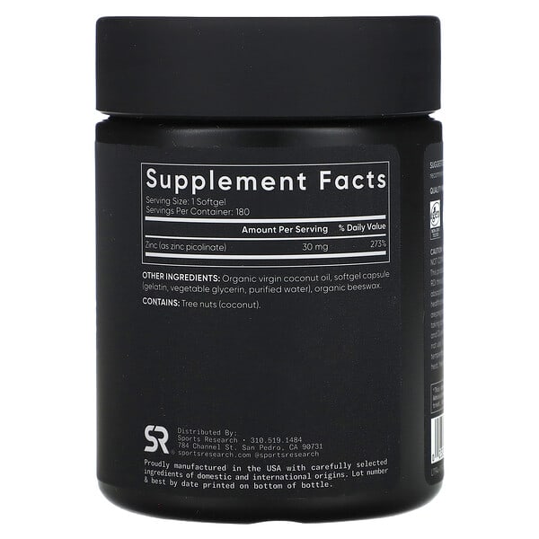Alternative view of Sports Research, Zinc Picolinate, High Potency, 30 mg, 180 Softgels