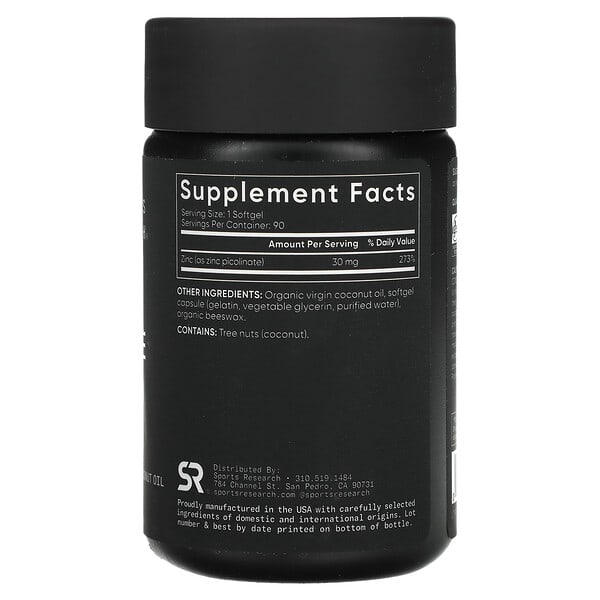 Alternative view of Sports Research, Zinc Picolinate, High Potency, 30 mg, 90 Softgels