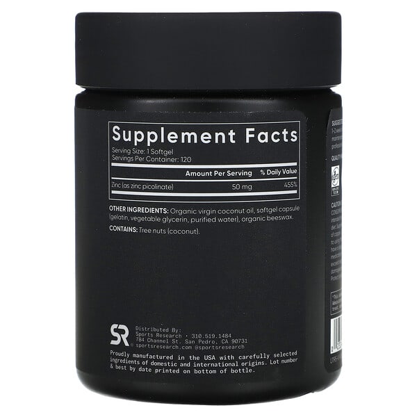 Alternative view of Sports Research, Zinc Picolinate, High Potency, 50 mg, 120 Softgels