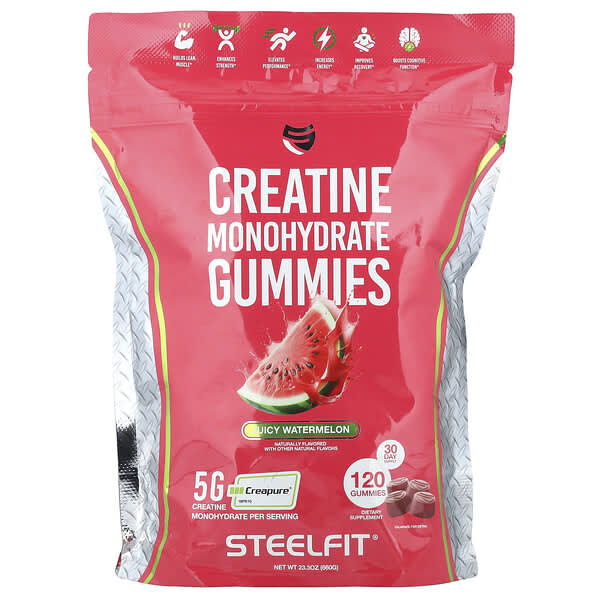 SteelFit, Creatine Monohydrate Gummies, Juicy Watermelon, 120 Gummies