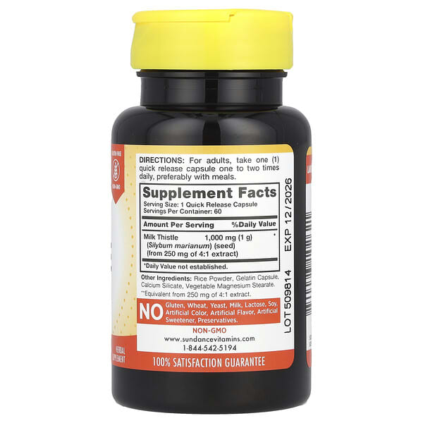 Alternative view of Sundance Vitamins, Milk Thistle, 1,000 mg, 60 Quick Release Capsules