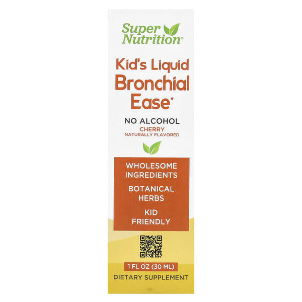 Super Nutrition, Kid's Liquid Bronchial Ease with Lovage Root, Fresh Yerba Santa Leaf, Licorice Root, and Mullein Leaf, No Alcohol, Cherry, 1 fl oz (30 ml)