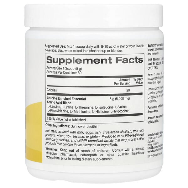 Alternative view of Super Nutrition, Leucine Enriched Essential Amino Acids with  L-Leucine, L-Lysine, L-Threonine, and L-Isoleucine, Unflavored, 10.58 oz (300 g)