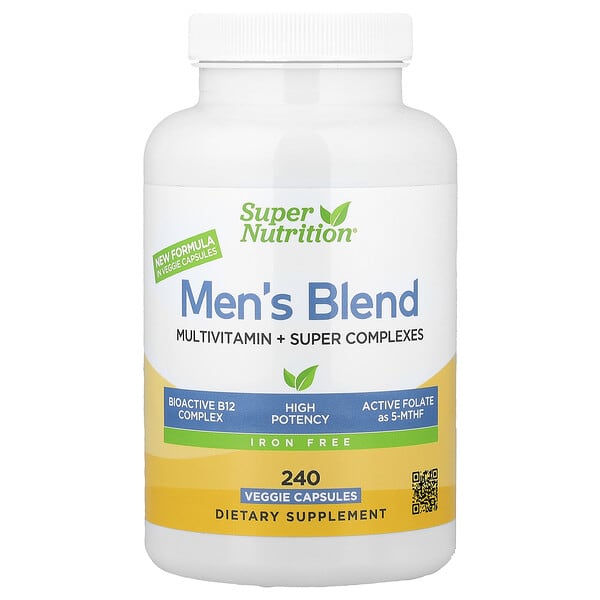 Super Nutrition, Men's Multivitamin with Super Adaptogens, Greens, Spices, and Vitamin A, Iron Free, 240 Veggie Capsules