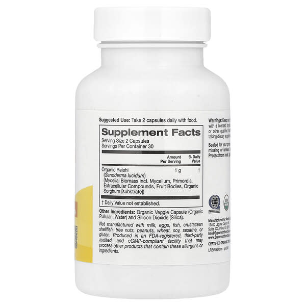 Alternative view of Super Nutrition, Organic Reishi Mushroom, 1 g, 60 Veggie Capsules (0.5 g Per Capsule)