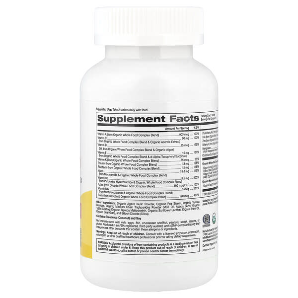 Alternative view of Super Nutrition, Organic Whole Food Women's Multivitamin with Vitamin A, Organic Amla Extract, Organic Sunflower Extract, and Organic Moringa Extract , 120 Tablets