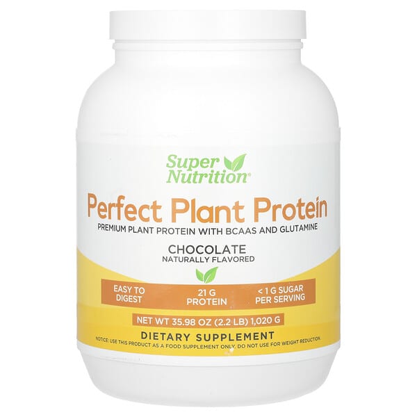 Super Nutrition, Perfect Plant Protein with Pea Protein Isolate, BCAAs, Cranberry Seed, Chia Seed, and Sacha Inchi Seed, Chocolate, 2.2 lbs (1,020 g)