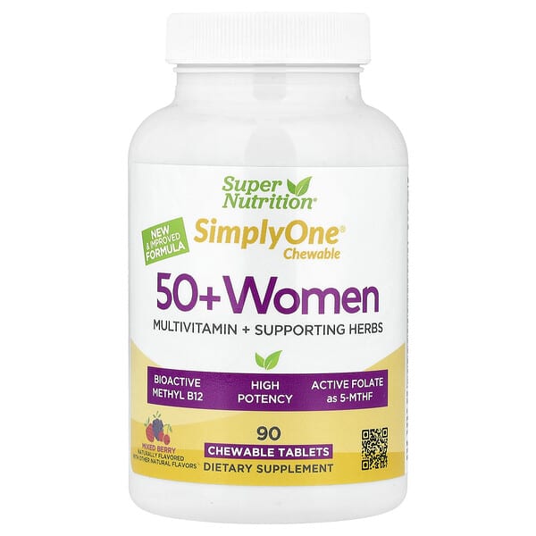 Super Nutrition, Simply One®, 50+ Women Multivitamin + Supporting Herbs, Mixed Berry , 90 Chewable Tablets