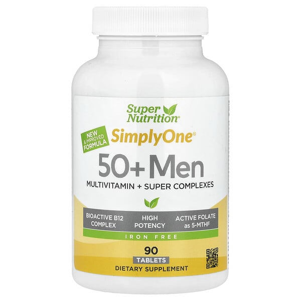 Super Nutrition, Simply One, Men's 50+ Multivitamin with Super Adaptogens, Greens, Spices, & Antioxidant, Iron Free, 90 Tablets