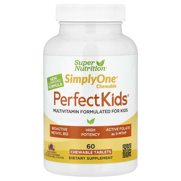 Super Nutrition, Simply One®, Perfect Kid's® Multivitamin with B12, Blueberry, Spices, Vitamin A, and Folate, 60 Chewable Tablets