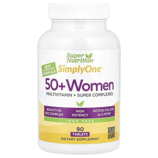 Super Nutrition, SimplyOne®, 50+ Women Multivitamin + Super Complexes with Vitamin A, Vitamin C, Minerals, and Botanicals, Iron Free, 90 Tablets