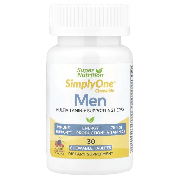 Super Nutrition, SimplyOne®, Men’s Multivitamin + Supporting Herbs with Vitamin A, Vitamin C, Organic Whole Food and Botanical Blend, Wild-Berry, 30 Chewable Tablets