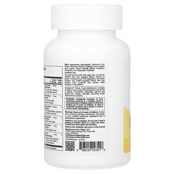 Alternative view of Super Nutrition, SimplyOne®, Whole Food Multivitamin with Vitamin A, C, Minerals, and Enzymes, 90 Tablets
