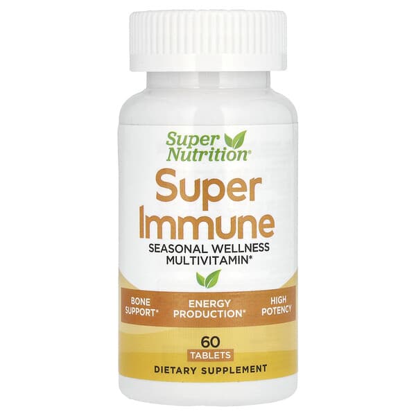 Super Nutrition, Super Immune, Immune-Strengthening Multivitamin with Glutathione, High-Potency Vitamins, Minerals and Herbs, 60 Tablets