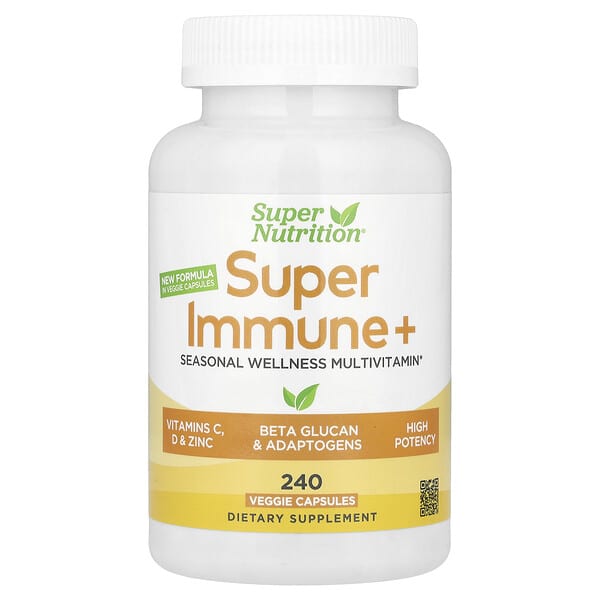 Super Nutrition, Super Immune+ Multivitamin with Super Adaptogens, Vitamin C, Vitamin D, Zinc, and Beta Glucan, 240 Veggie Capsules