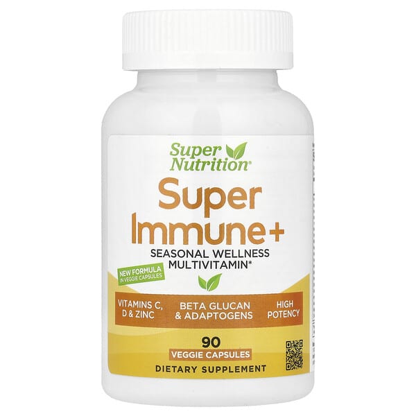 Super Nutrition, Super Immune+ Multivitamin with Super Adaptogens, Vitamin C, Vitamin D, Zinc, and Beta Glucan, 90 Veggie Capsules