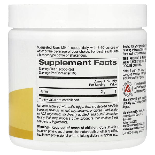 Alternative view of Super Nutrition, Taurine, Unflavored, 7.05 oz (200 g)