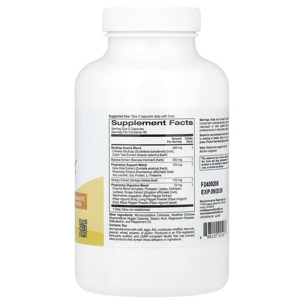Alternative view of Super Nutrition, Think Support, with Ginkgo Biloba, Skullcap, Gotu Kola, Bacopa and Enzymes, 180 Veggie Capsules