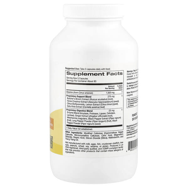 Alternative view of Super Nutrition, Vein Support with Diosmin, Butcher's Broom, Horse Chestnut, Bioflavonoids and Enzymes, 250 Veggie Capsules