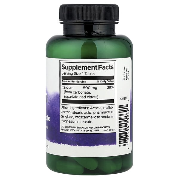 Alternative view of Swanson, Calcium Carbonate, Aspartate & Citrate, 500 mg, 100 Tablets