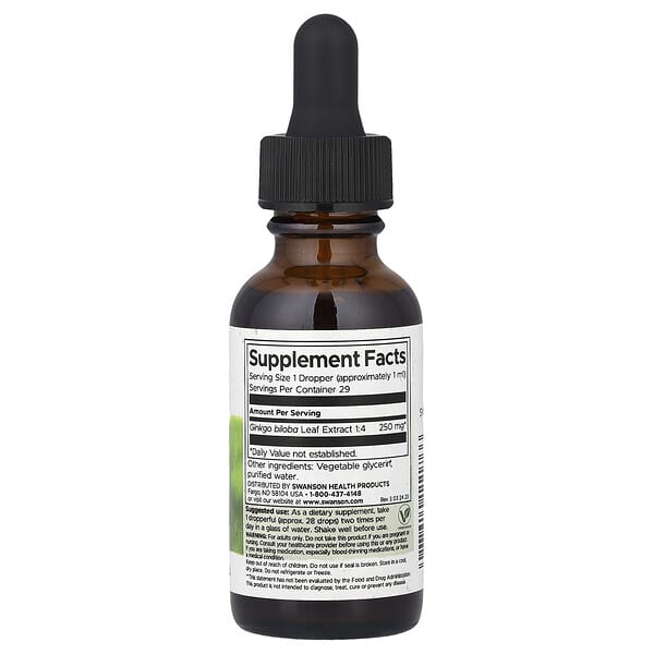 Alternative view of Swanson, Ginkgo Biloba Liquid Extract, Alcohol & Sugar Free, 1 fl oz (29.6 ml)