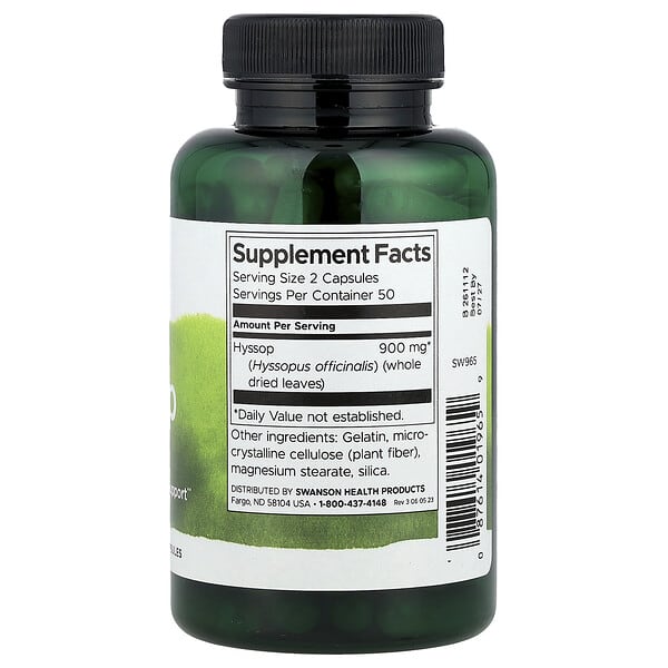 Alternative view of Swanson, Hyssop , 450 mg, 100 Capsules