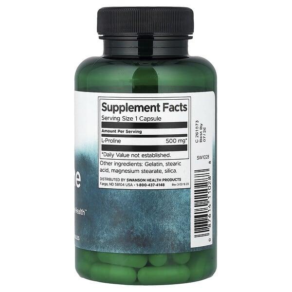 Alternative view of Swanson, L-Proline, 500 mg, 100 Capsules