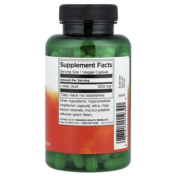 Alternative view of Swanson, Malic Acid, 600 mg, 100 Veggie Capsules