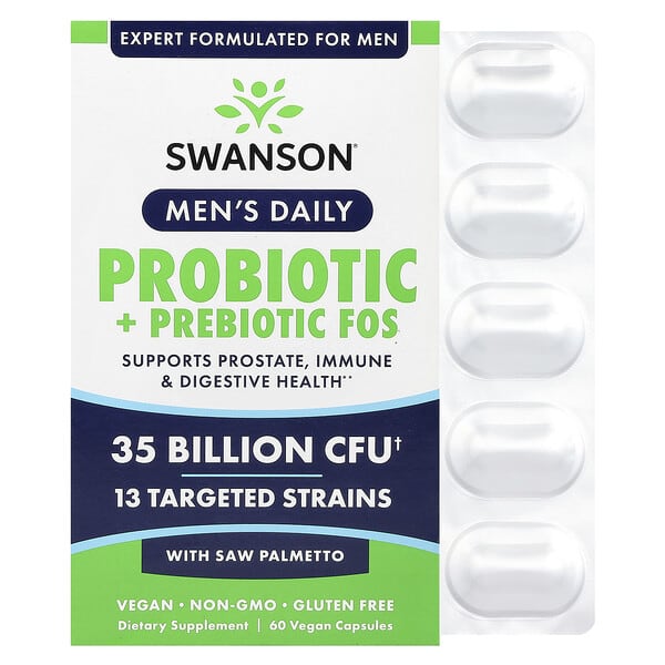 Swanson, Men's Daily, Probiotic + Prebiotics FOS With Saw Palmetto, 35 Billion CFU, 60 Vegan Capsules 3 Swanson, Men's Daily, Probiotic + Prebiotics FOS With Saw Palmetto, 35 Billion CFU, 60 Vegan Capsules