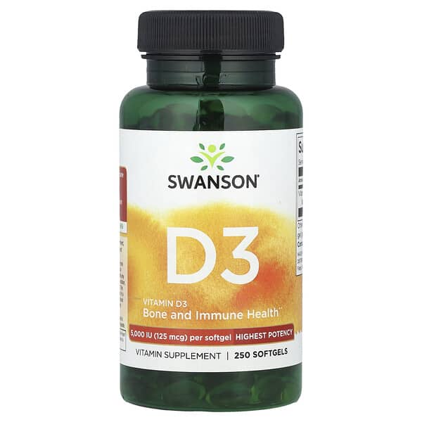 Swanson, Vitamin D3, Highest Potency, 125 mcg (5,000 IU), 250 Softgels