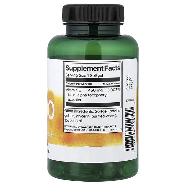 Alternative view of Swanson, Vitamin E-1000, 450 mg (1,000 IU), 60 Softgels