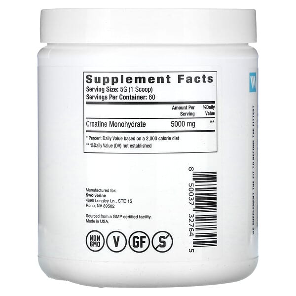 Alternative view of Swolverine, Creatine Monohydrate, Unflavored, 10.58 oz (300 g)