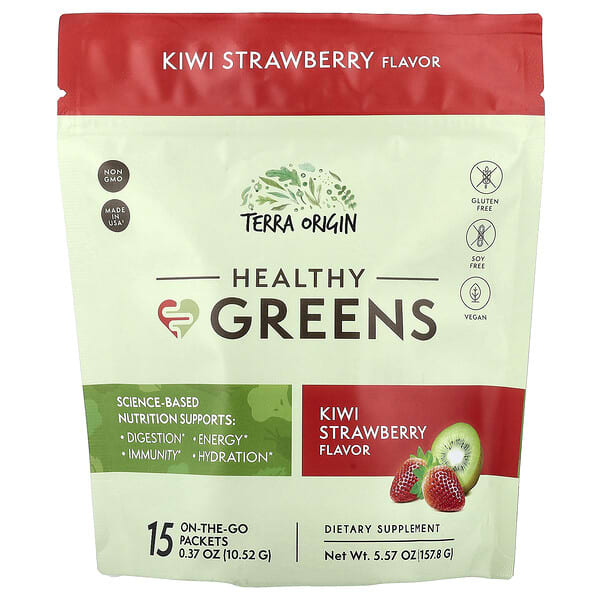 Terra Origin, Healthy Greens, Kiwi Strawberry, 15 On-The-Go Packets, 0.37 oz (10.52 g) Each
