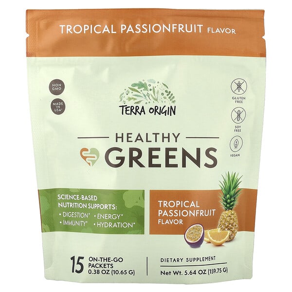 Terra Origin, Healthy Greens, Tropical Passionfruit, 15 On-The-Go Packets, 0.38 oz (10.65 g) Each