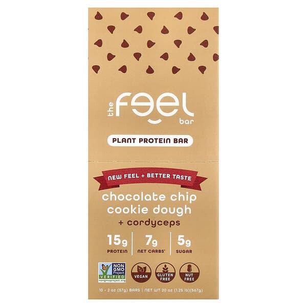 The Feel Bar, Plant Protein Bars, Chocolate Chip Cookie Dough + Cordyceps, 10 Bars, 2 oz (57 g) Each 2 The Feel Bar, Plant Protein Bars, Chocolate Chip Cookie Dough + Cordyceps, 10 Bars, 2 oz (57 g) Each